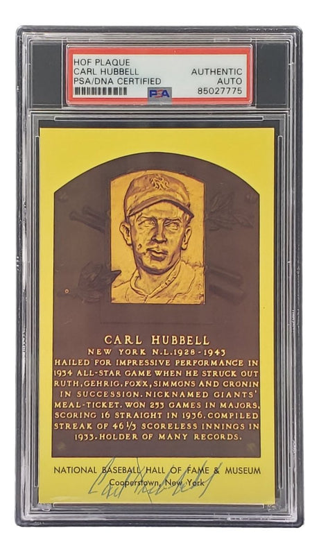 Carl Hubbell Signed 4x6 New York Giants Hall Of Fame Plaque Card PSA/DNA 85027775 - Sports Integrity