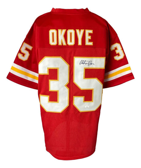 Christian Okoye Kansas City Signed Red Football Jersey JSA - Sports Integrity