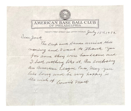 Connie Mack Philadelphia Athletics Signed Hand Written Letter BAS A31889 Auto 10 - Sports Integrity