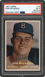 Dodgers Don Drysdale Signed 1957 Topps #18 Rookie Card Ex 5, Auto 8 PSA Slabbed