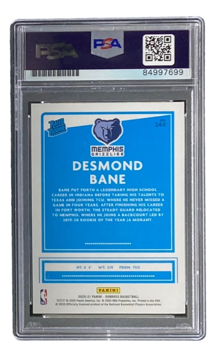 Desmond Bane Signed In Blue 2020 Donruss Rookies #240 Rookie Card PSA/DNA Gem MT 10 - Sports Integrity