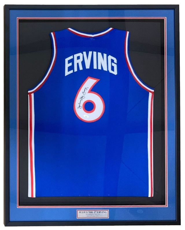 Julius Dr J Erving Philadelphia Signed Framed Blue Basketball Jersey JSA - Sports Integrity