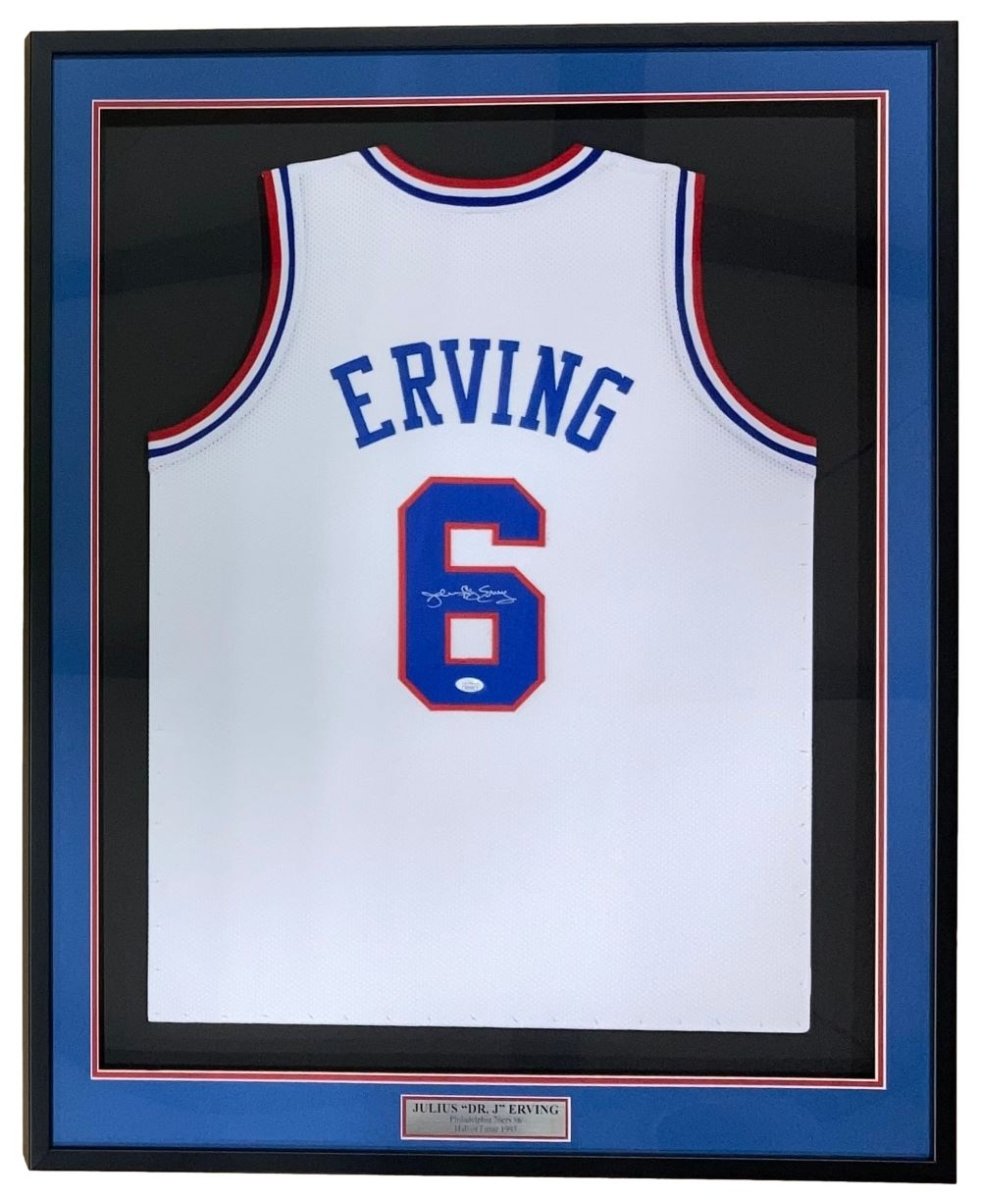 Julius Dr J Erving Philadelphia Signed Framed White Basketball Jersey JSA - Sports Integrity