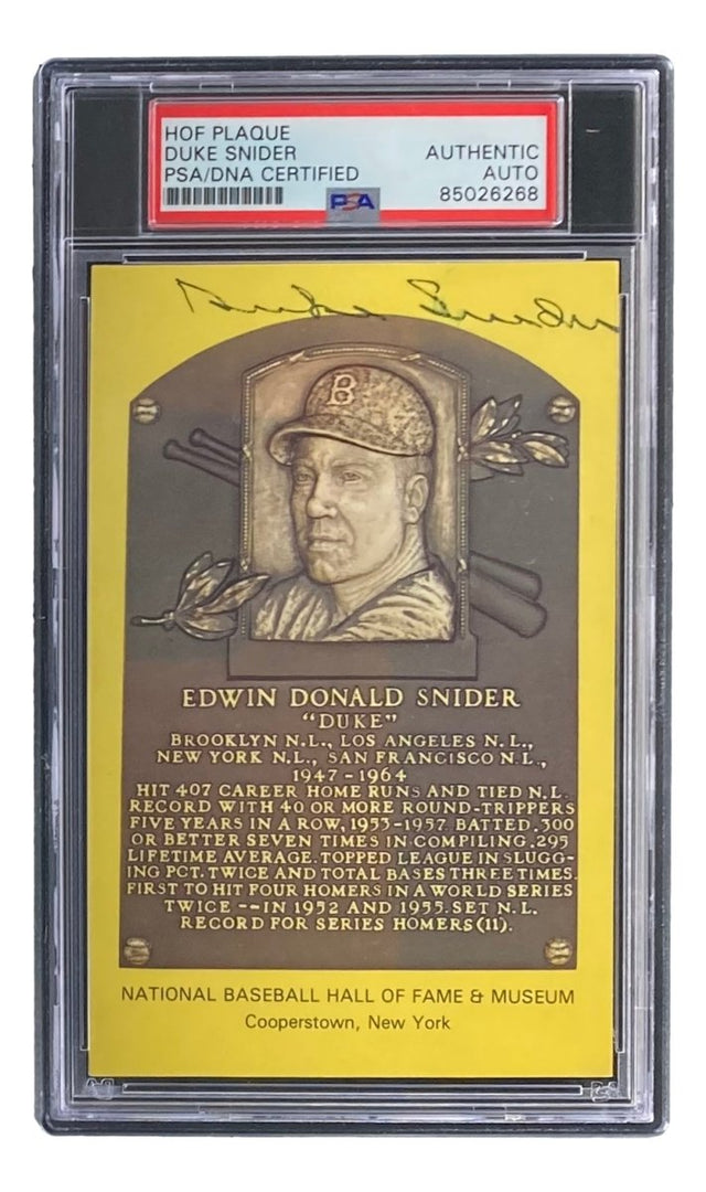 Duke Snider Signed 4x6 Brooklyn Dodgers HOF Plaque Card PSA/DNA 85026268 - Sports Integrity