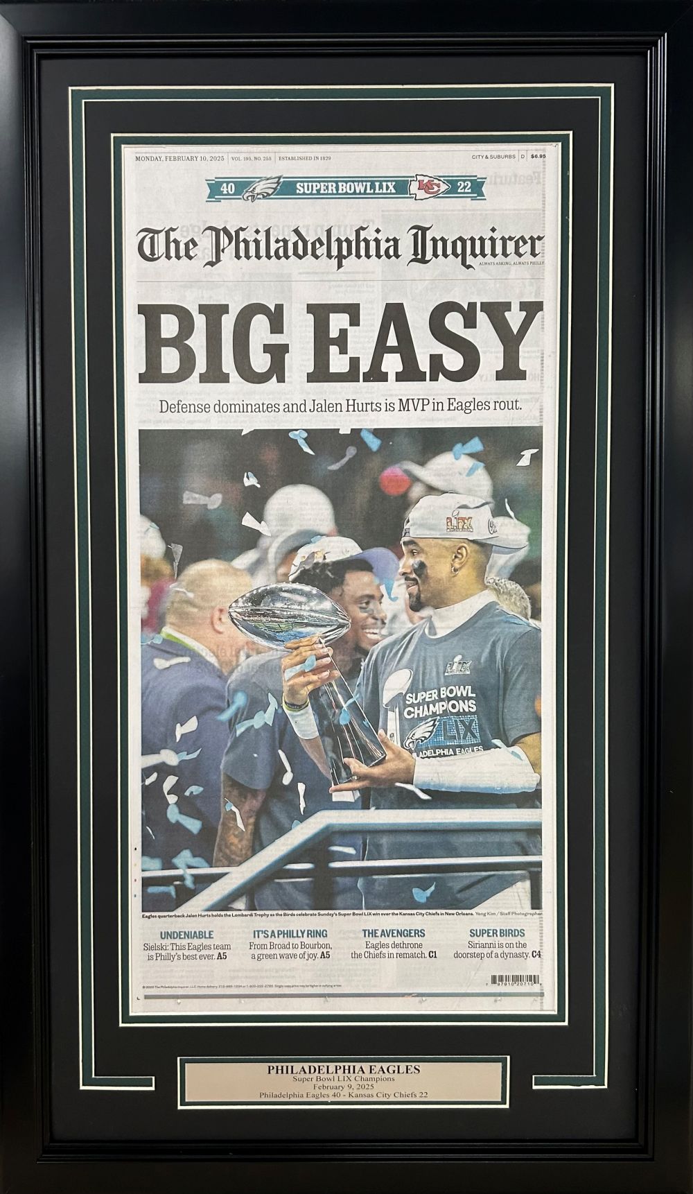 Super Bowl LIX (59) Philadelphia Eagles Framed Champions Full Inquirer Newspaper