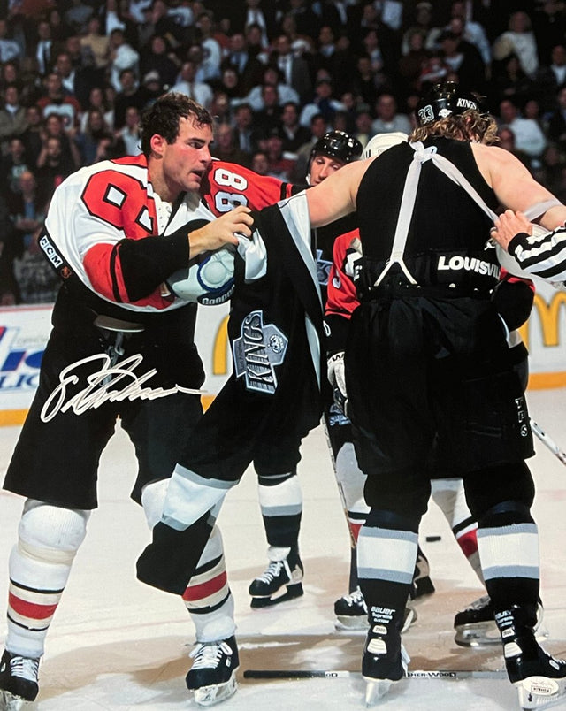 Eric Lindros Signed Philadelphia Flyers 16x20 Fight Photo vs McSorely JSA Holo - Sports Integrity