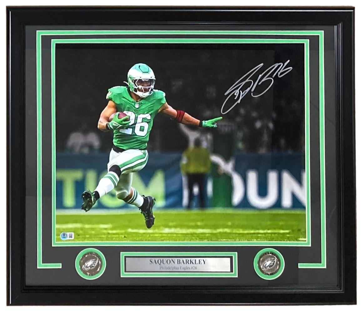 Saquon Barkley Signed Framed 16x20 Eagles Kelly Green Photo BAS ITP