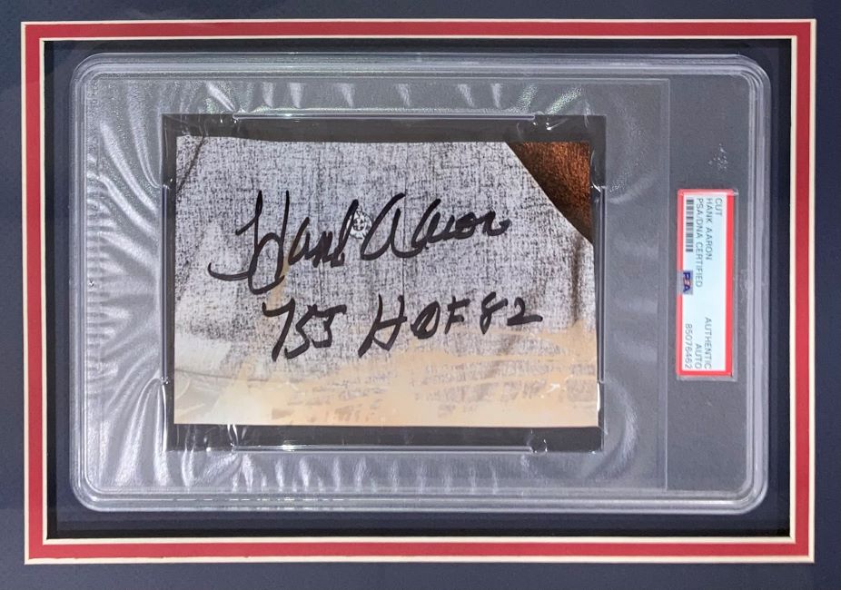 Hank Aaron Signed Framed Atlanta Braves 2 Inscription Cut Sig PSA/DNA 85076462 - Sports Integrity