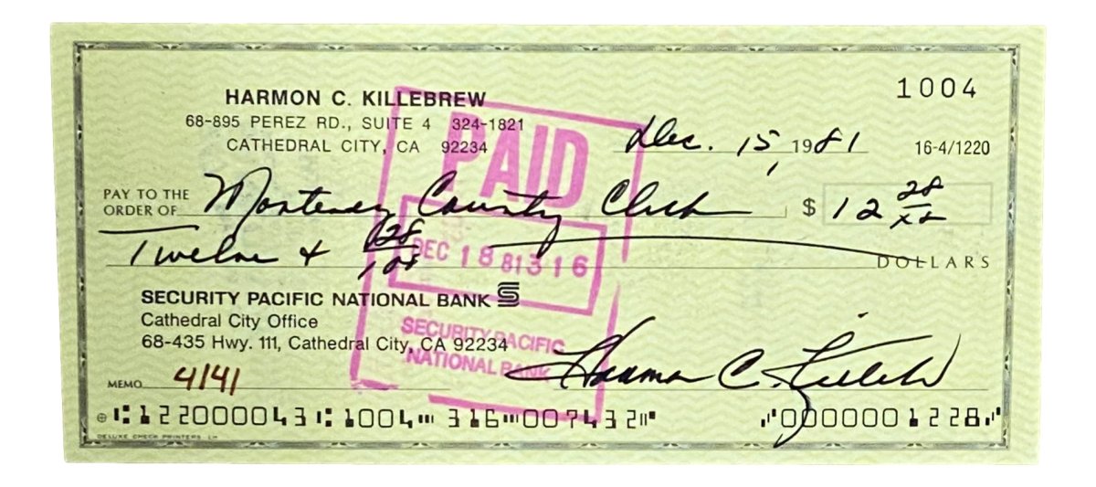 Harmon Killebrew Minnesota Twins Signed Personal Bank Check #1004 BAS - Sports Integrity