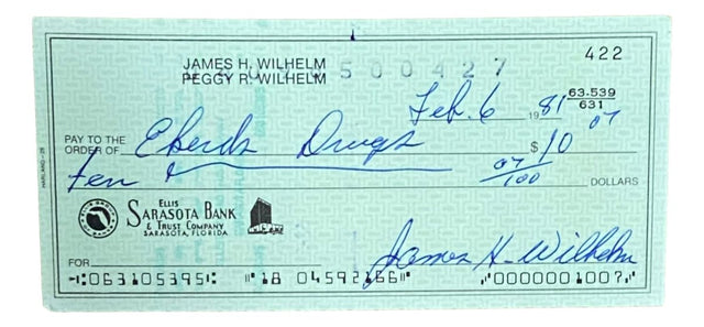 Hoyt Wilhem Baltimore Orioles Signed Bank Check #422 BAS - Sports Integrity