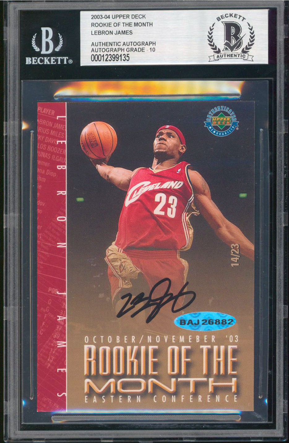 Cavaliers LeBron James Signed 2003 UD ROM Oct/Nov #14/23 Card Auto Grade 10 BAS