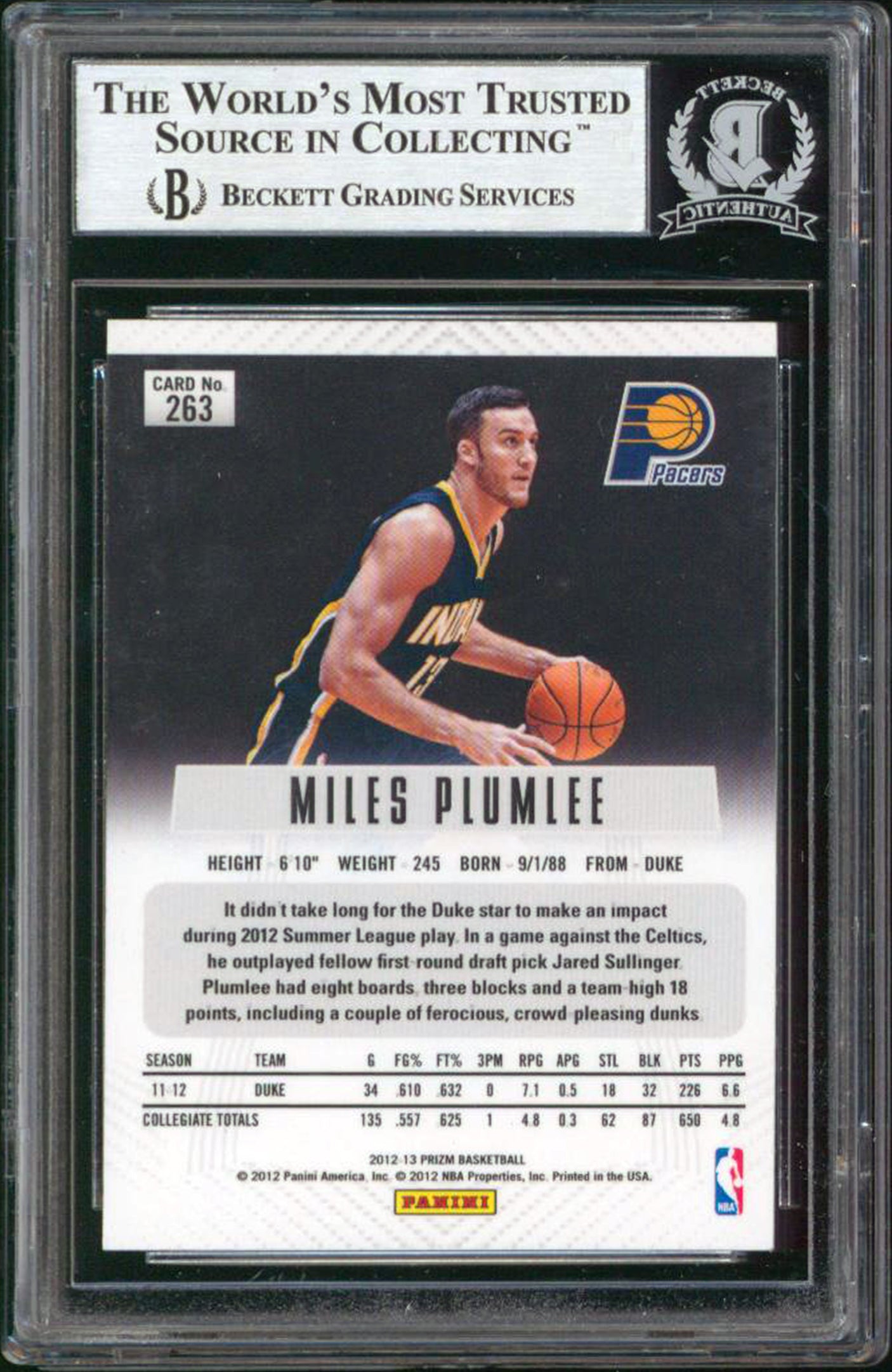 Pacers Miles Plumlee Signed 2012 Panini Prizm #263 Rookie Card BAS Slabbed