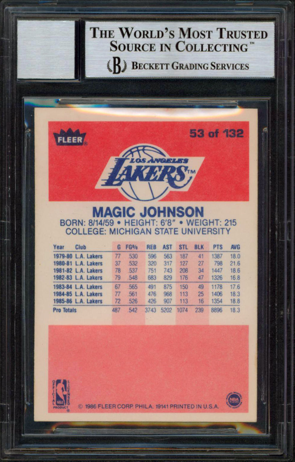 Lakers Magic Johnson Signed 1986 Fleer #53 Card Auto Graded Gem 10! BAS Slabbed