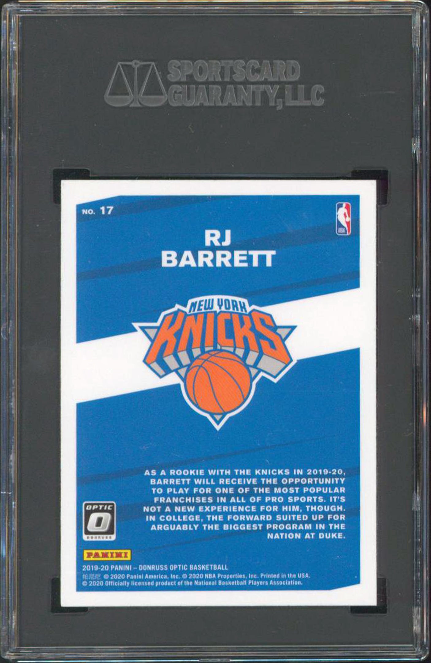 Knicks R.J. Barrett 2019 Donruss Optic #17 My House! Rookie Card Graded 9.5! SGC