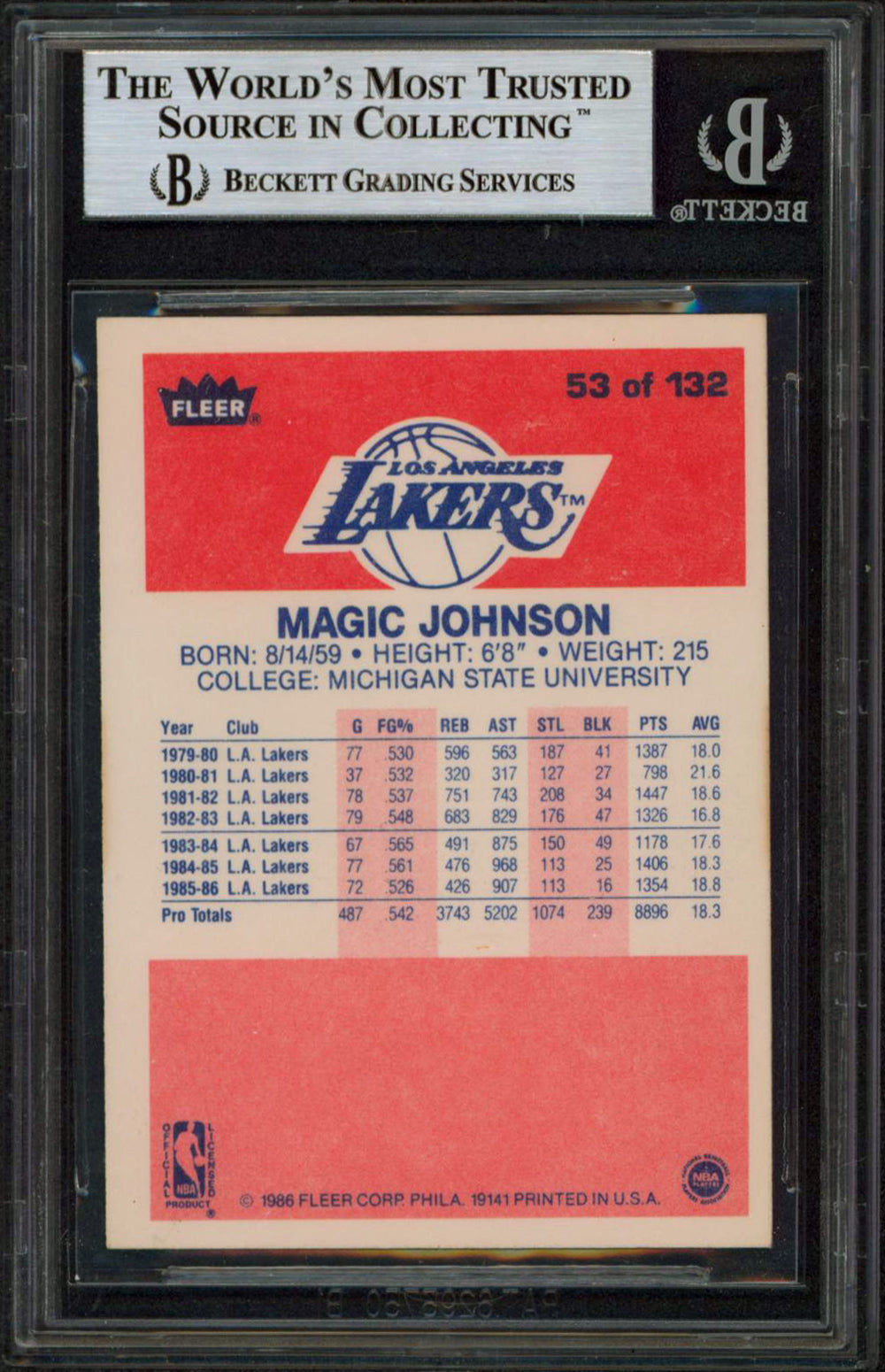 Lakers Magic Johnson Authentic Signed 1986 Fleer #53 Card BAS Slabbed