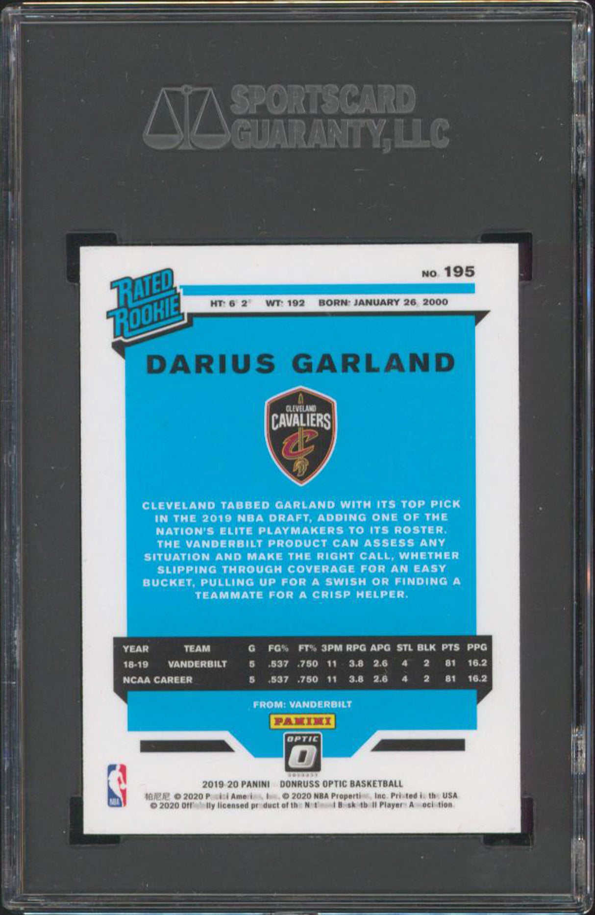 Cavaliers Darius Garland 2019 Donruss Optic #195 Rookie Card Graded Mint 9! SGC