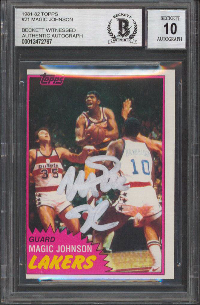 Lakers Magic Johnson Signed 1981 Topps #21 Card Auto Grade 10 BAS Slab #12472767