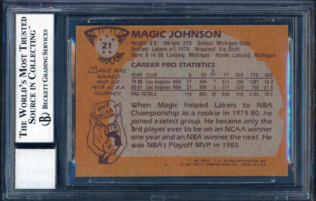 Lakers Magic Johnson Signed 1981 Topps #21 Card Auto Grade 10 BAS Slab #12472767