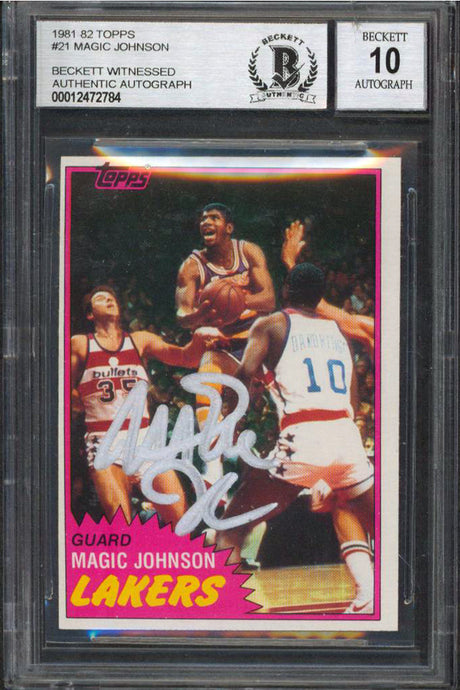 Lakers Magic Johnson Signed 1981 Topps #21 Card Auto Grade 10 BAS Slab #12472784