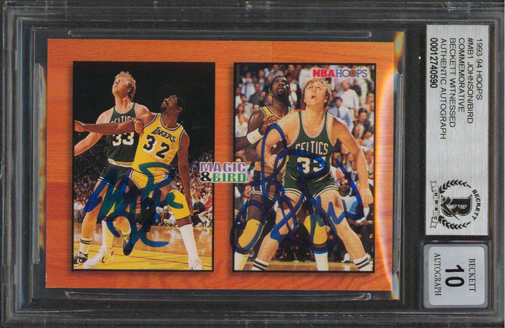 Magic Johnson & Larry Bird Signed 1993 Hoops #MB1 Card Auto 10! BAS Slabbed