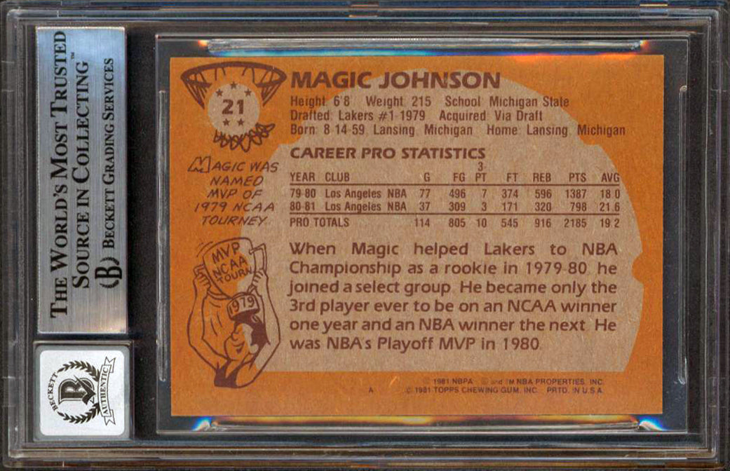 Magic Johnson Authentic Signed 1981 Topps #21 Card Auto 10! BAS Slab 12848585