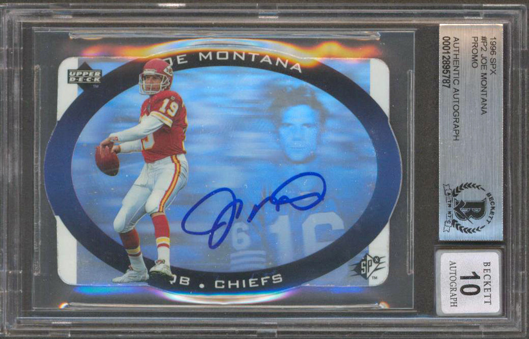 Chiefs Joe Montana Signed 1996 SPX #P2 Promo Card Auto Graded 10! BAS Slabbed