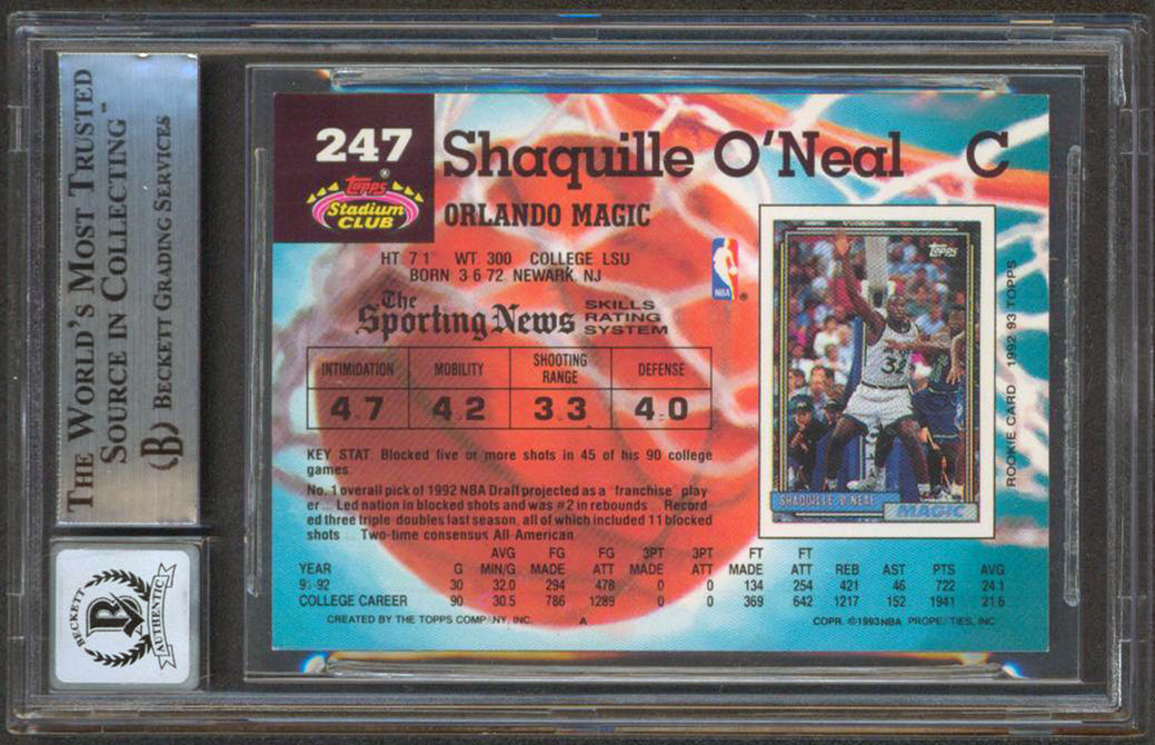 Magic Shaquille O'Neal Signed 1992 Stadium Club #247 RC Card Auto 10 BAS Slabbed