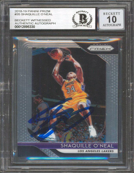 Lakers Shaquille O'Neal Signed 2018 Panini Prizm #35 Card Auto Grade 10 BAS Slab