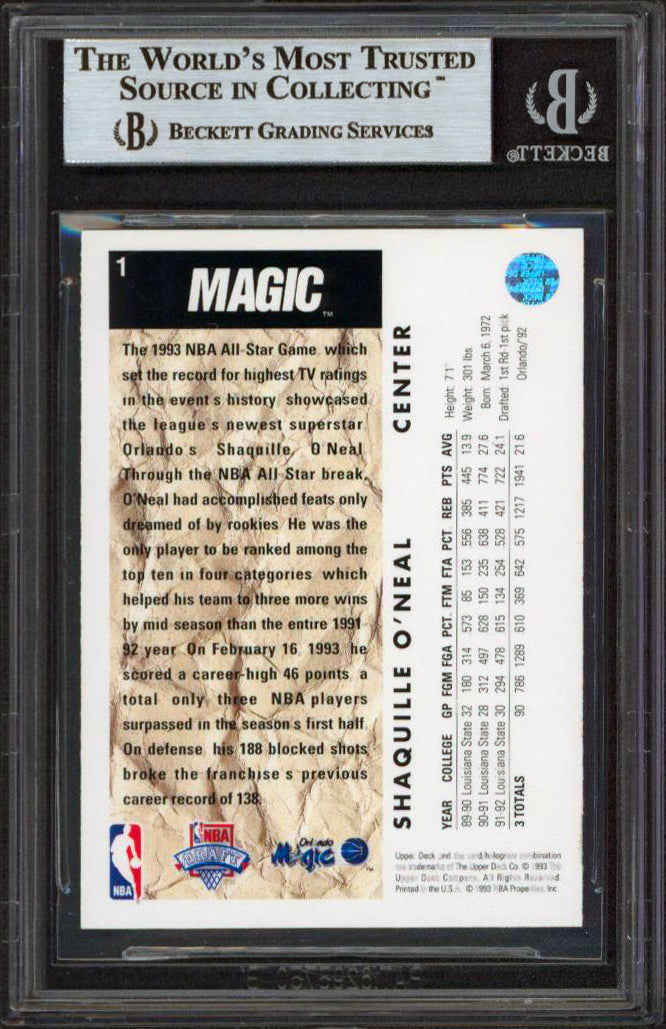 Magic Shaquille O'Neal Signed 1992 Upper Deck #1 Rookie Card BAS Slabbed