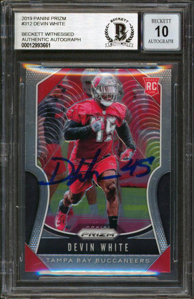 Buccaneers Devin White Signed 2019 Panini Prizm #312 RC Card Auto 10 BAS Slabbed