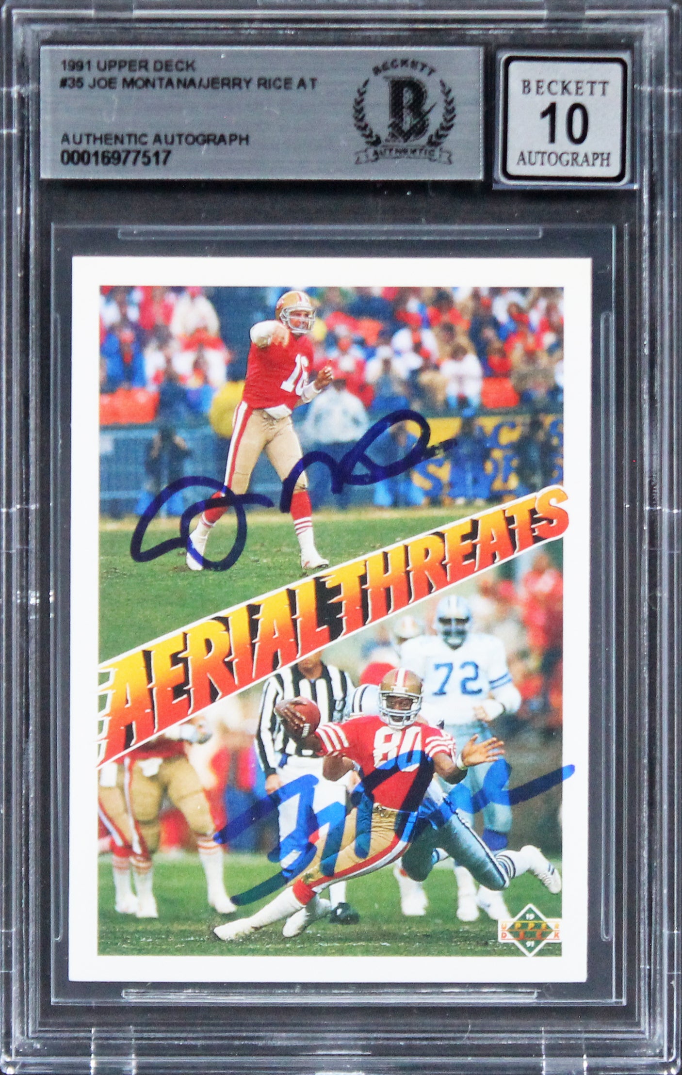 Jerry Rice & Joe Montana Signed 1991 UD #35 Aerial Threats Card Auto 10 BAS Slab