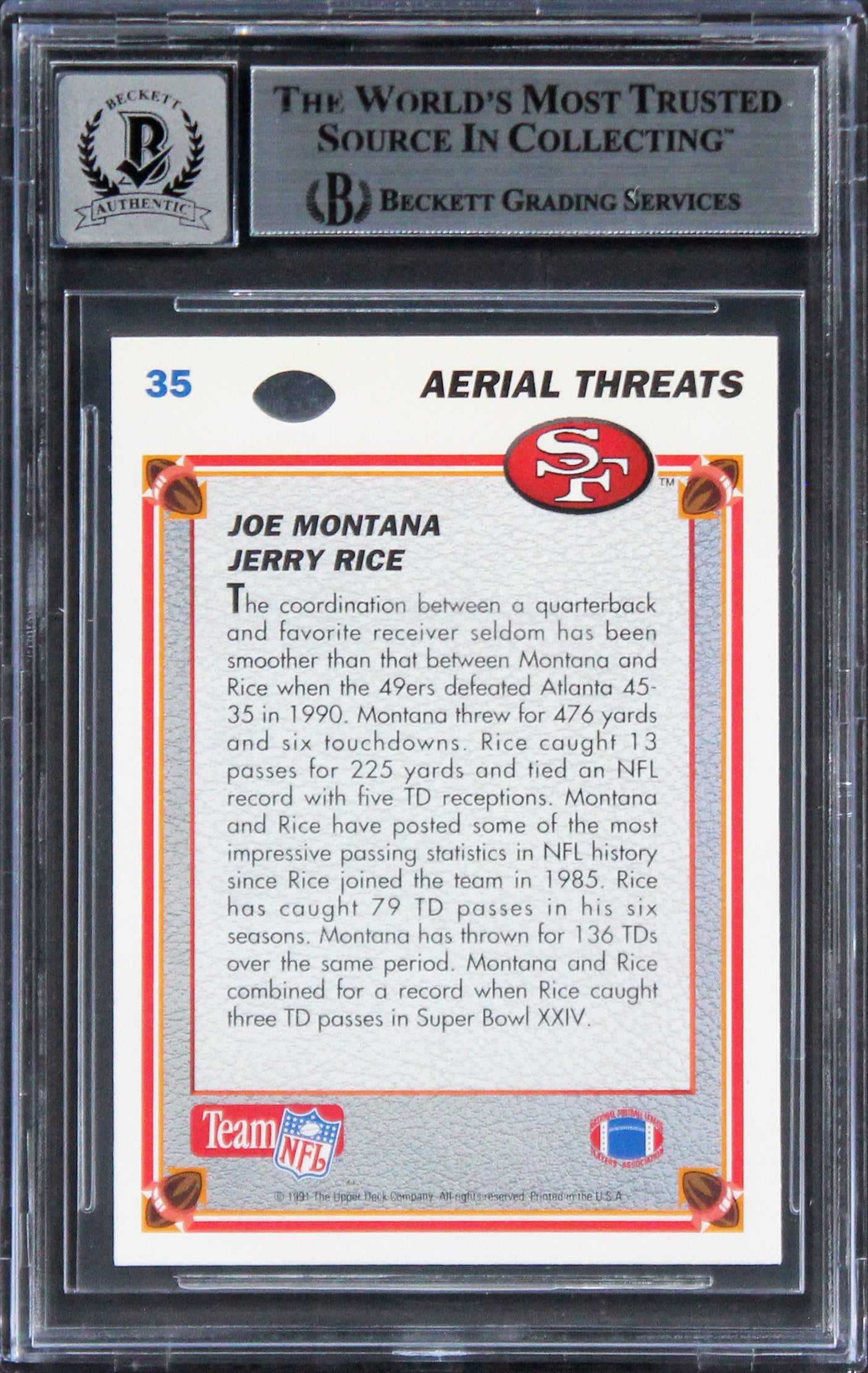 Jerry Rice & Joe Montana Signed 1991 UD #35 Aerial Threats Card Auto 10 BAS Slab