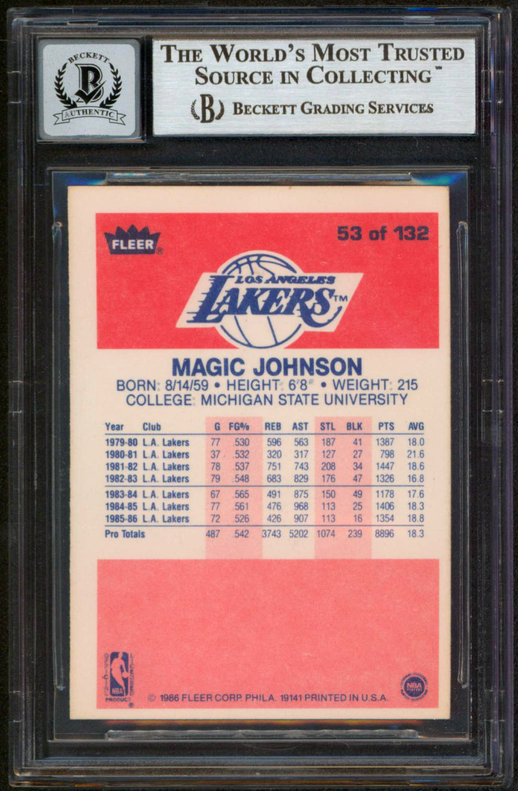 Lakers Magic Johnson Authentic Signed 1986 Fleer #53 Card Auto 10! BAS Slabbed