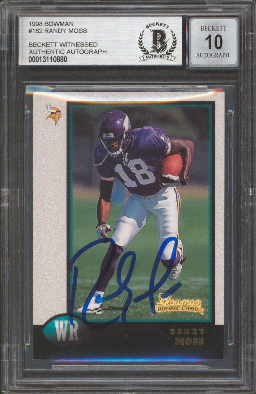 Vikings Randy Moss Signed 1998 Bowman #182 Rookie Card Auto 10! BAS Slabbed