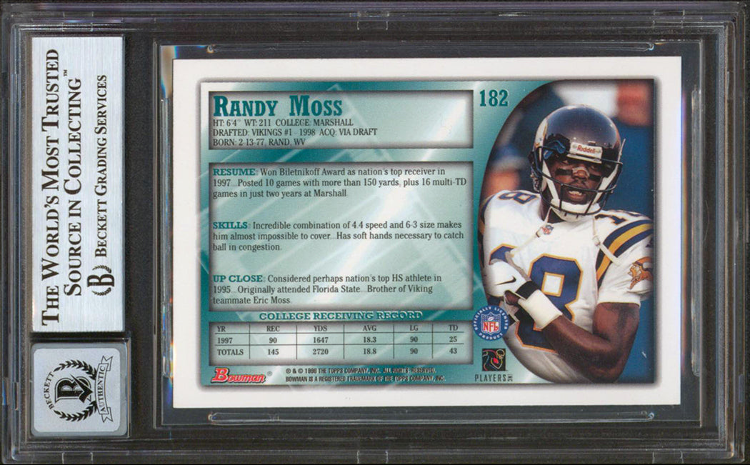 Vikings Randy Moss Signed 1998 Bowman #182 Rookie Card Auto 10! BAS Slabbed