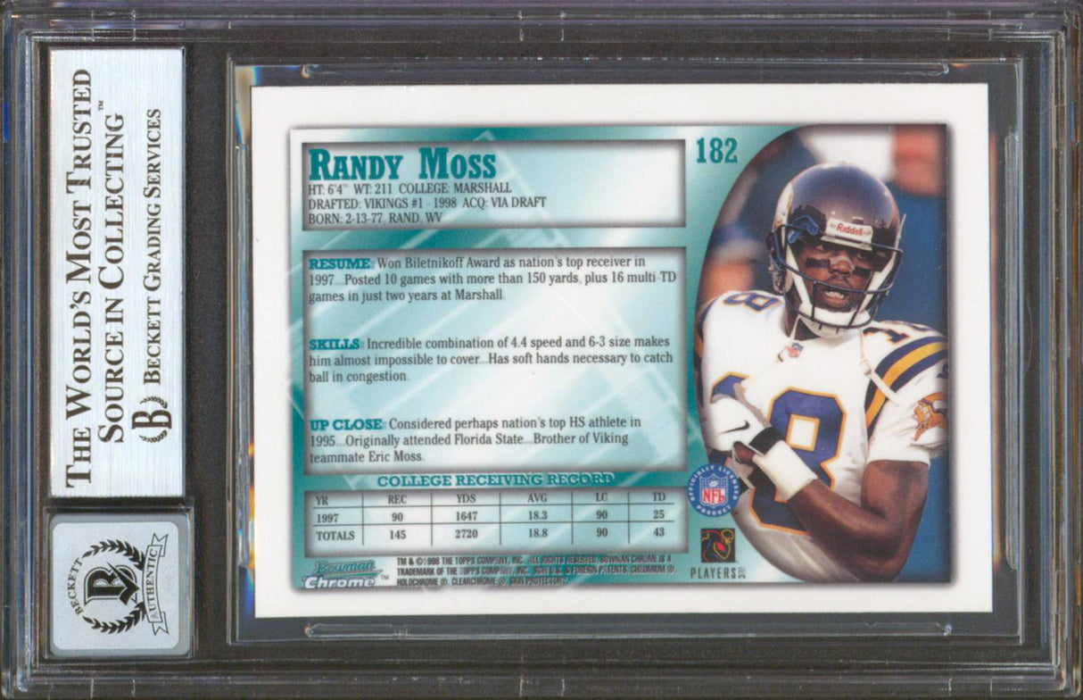 Vikings Randy Moss Signed 1998 Bowman Chrome #182 RC Card Auto 10! BAS Slabbed