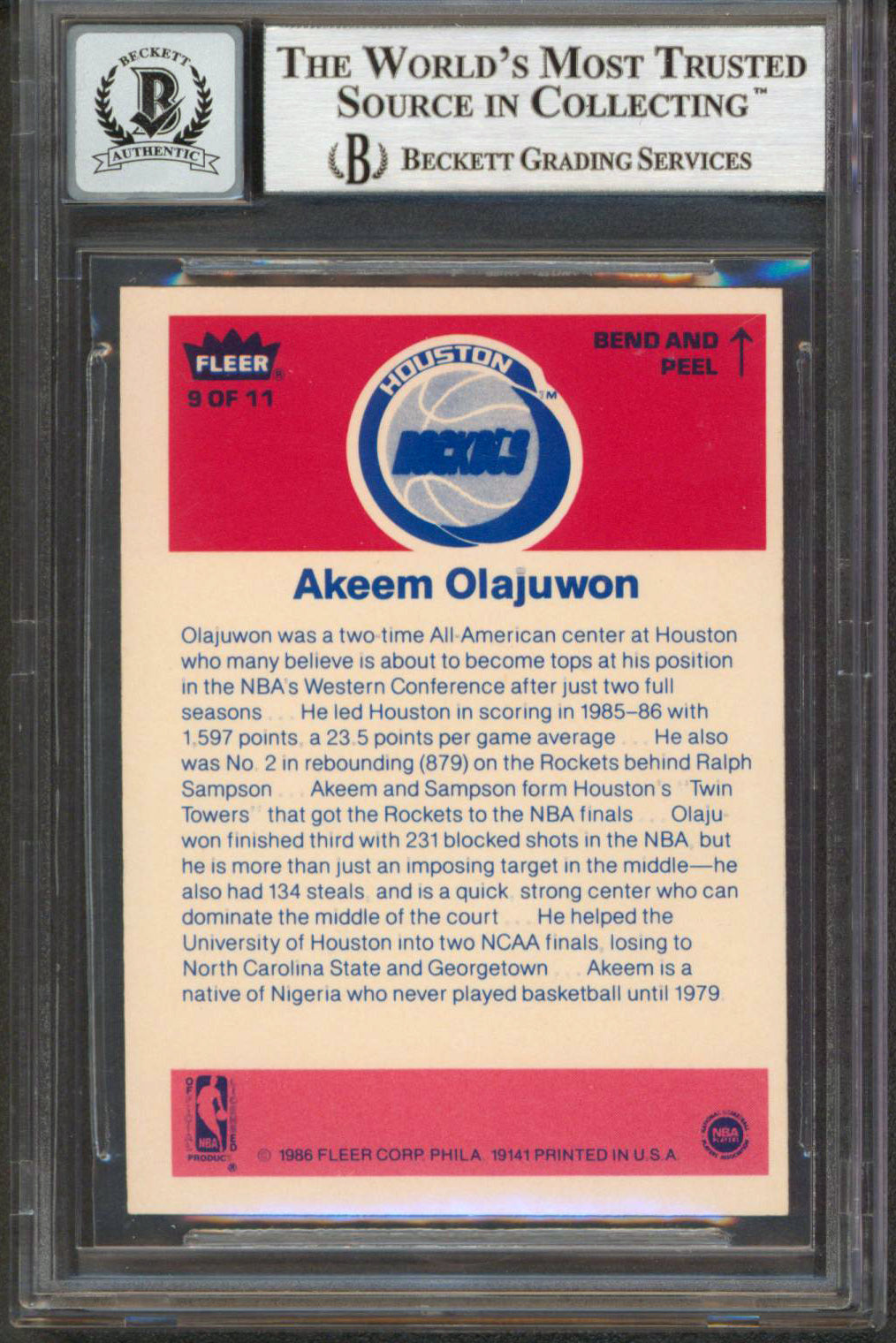 Rockets Hakeem Olajuwon Signed 1986 Fleer Stickers #9 Card Auto 10! BAS Slabbed