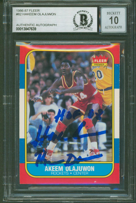 Rockets Hakeem Olajuwon "2x Insc" Signed 1986 Fleer #82 Rookie Card BAS Slabbed