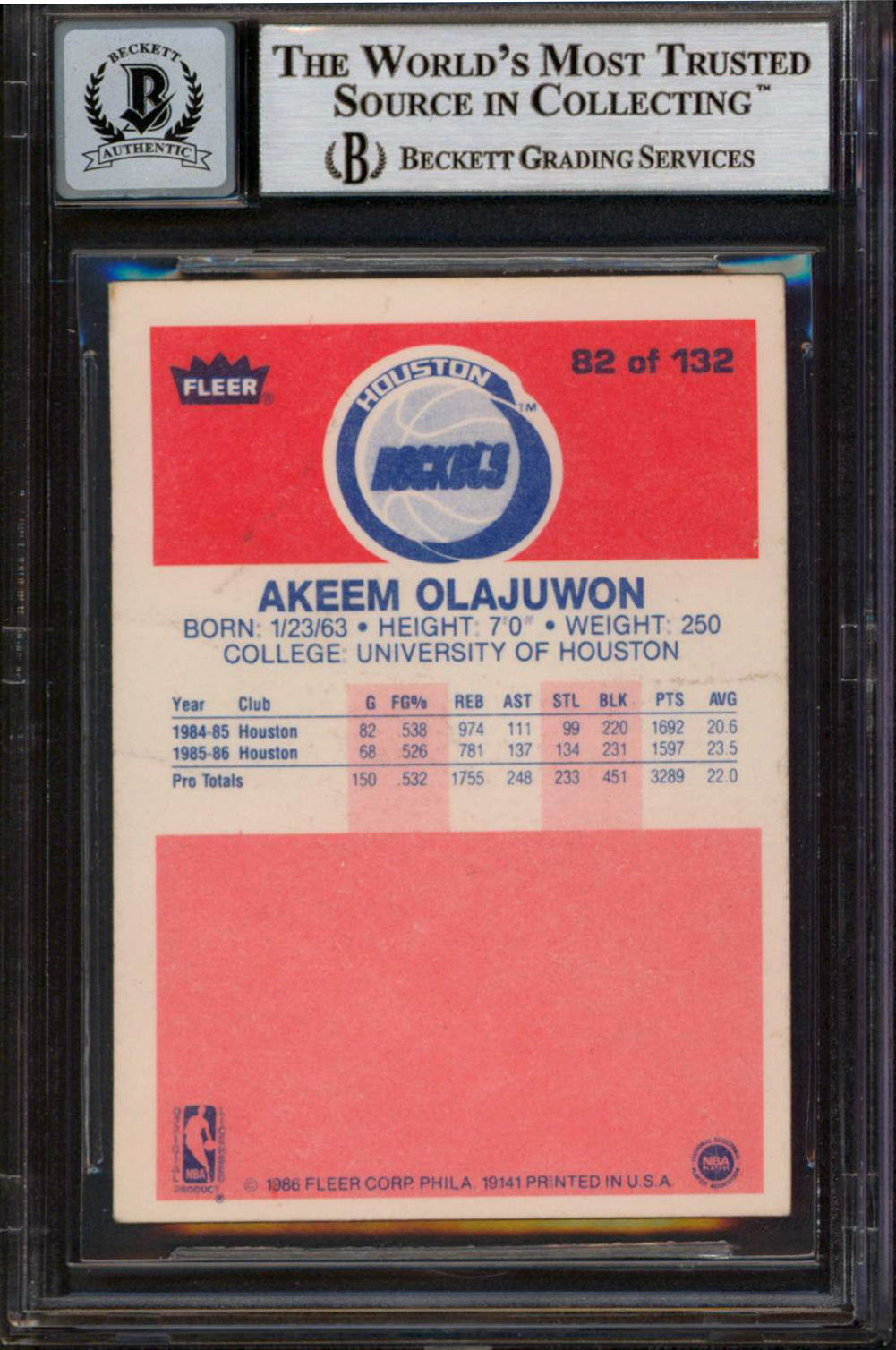 Rockets Hakeem Olajuwon Authentic Signed 1986 Fleer #82 Rookie Card BAS Slabbed