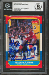 Rockets Hakeem Olajuwon "2x Insc" Signed 1986 Fleer #82 Rookie Card BAS Slabbed