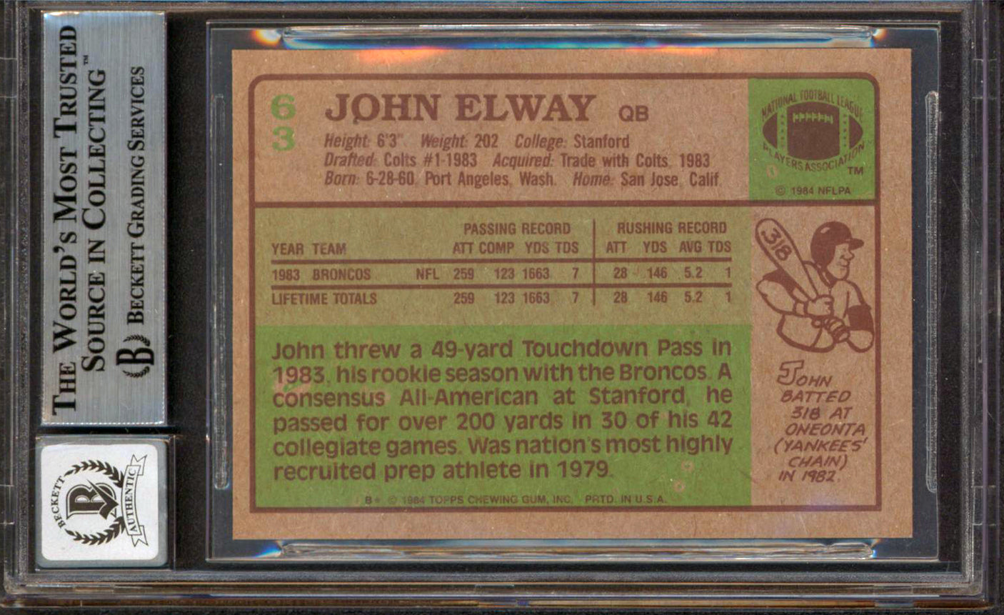 Broncos John Elway Signed 1984 Topps #63 Rookie Card Auto 10! BAS Slabbed 2