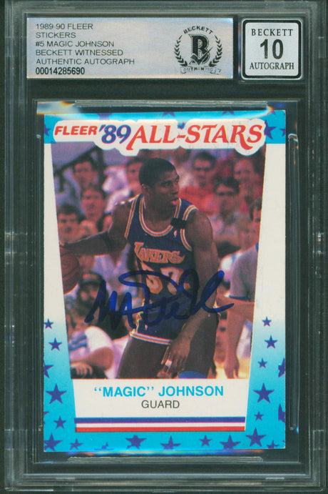 Lakers Magic Johnson Signed 1989 Fleer Stickers #5 Card Auto 10! BAS Slabbed