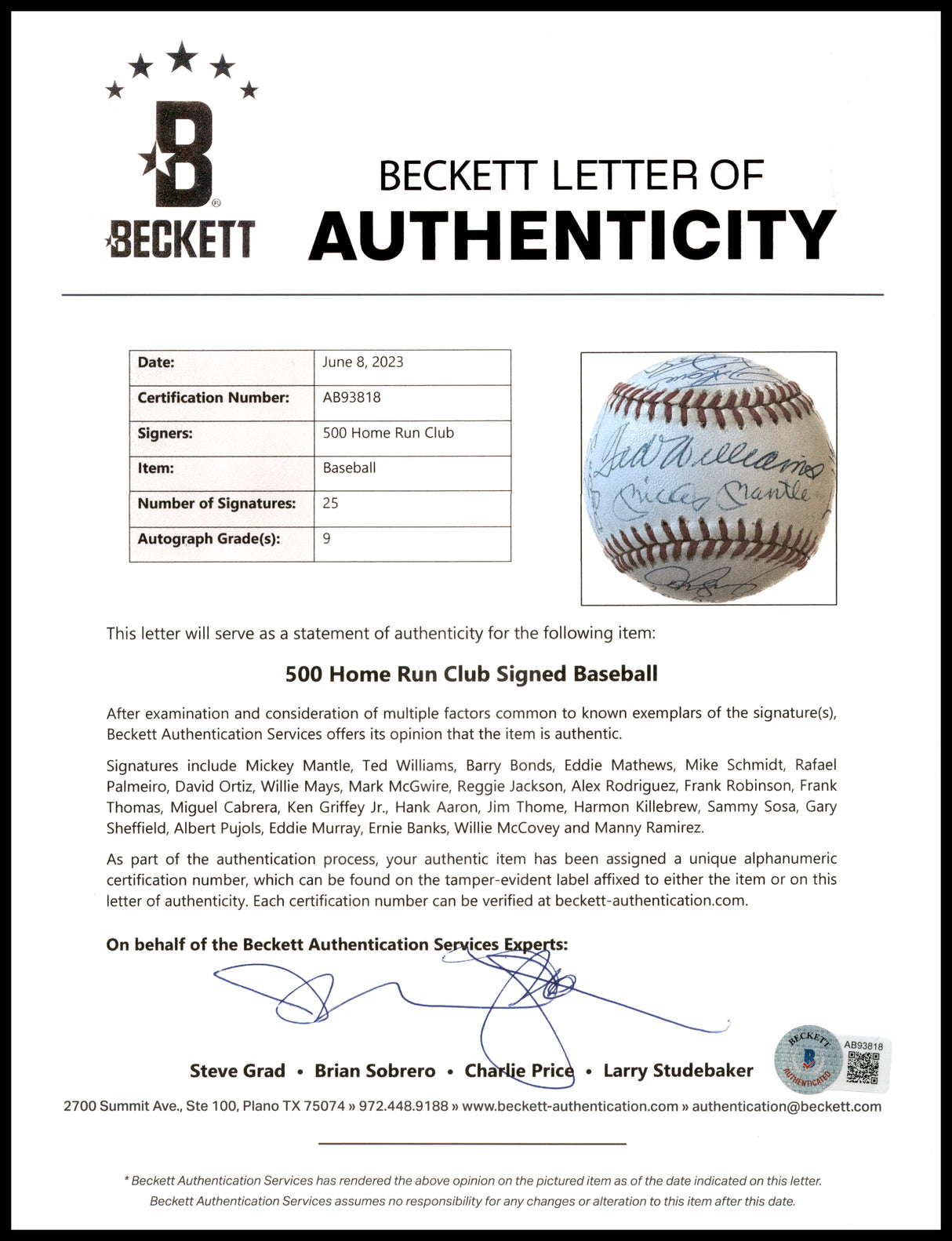 500 Home Run Club Autographed Official AL Baseball Auto Grade Mint 9 Signed By 25 Members Including Mickey Mantle, Ted Williams & Hank Aaron (Only Missing 3) Beckett BAS #AB93818