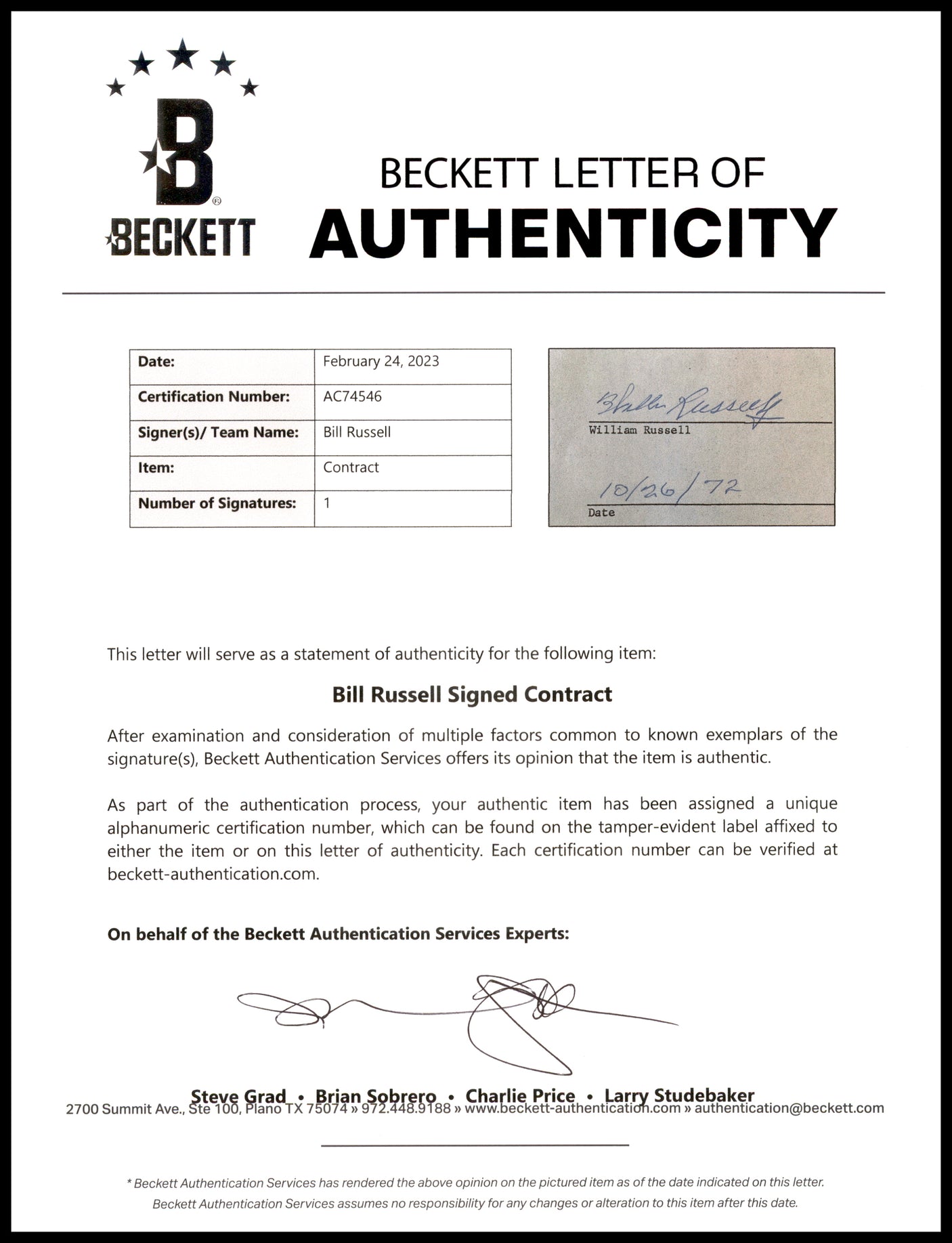 Bill Russell Autographed 1972 Advertising Document Contract Boston Celtics Beckett BAS #AC74546