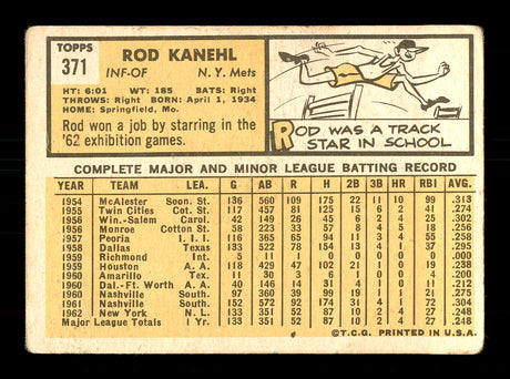 Rod Kanehl Autographed 1963 Topps Card #371 New York Mets SKU #170149