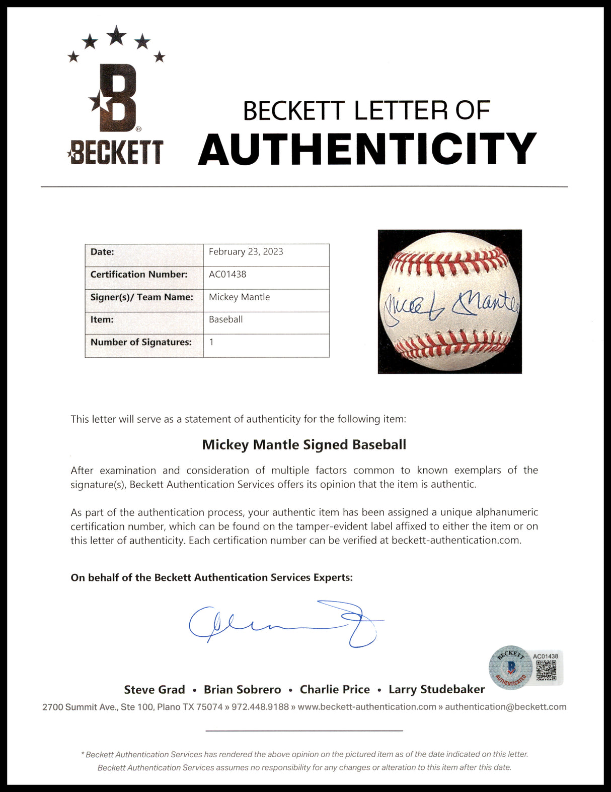 Mickey Mantle Autographed Official AL Baseball New York Yankees Auto Grade Mint 9 Beckett BAS #15775759