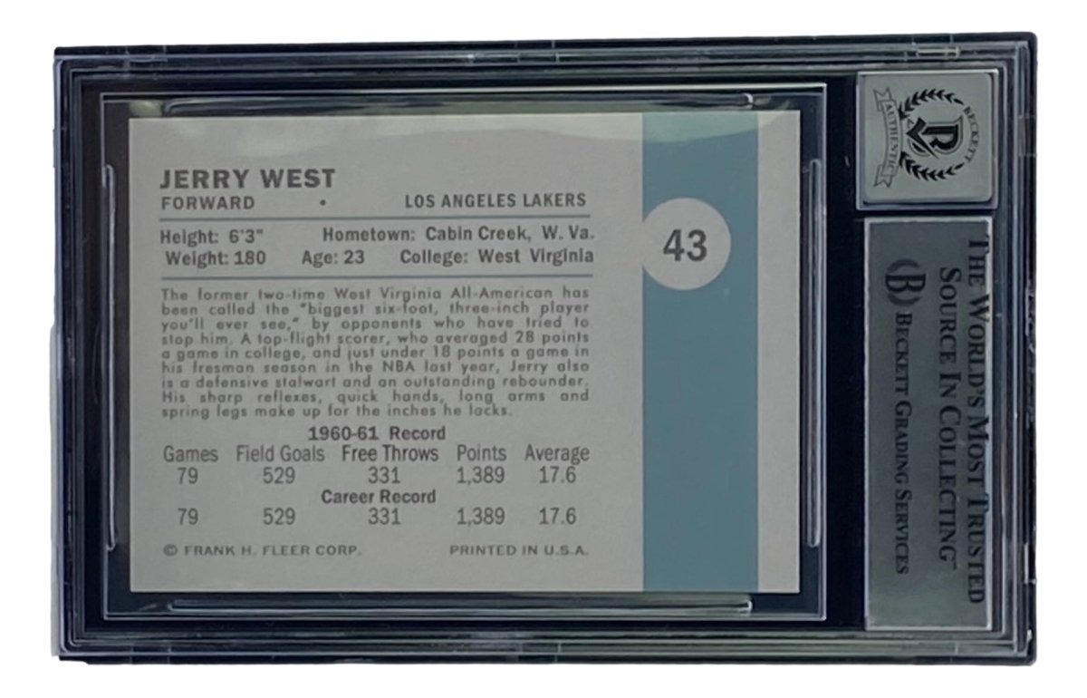 Jerry West Signed LA Lakers Reprint 1961 Fleer Rookie Card #43 BAS Grade 10 - Sports Integrity