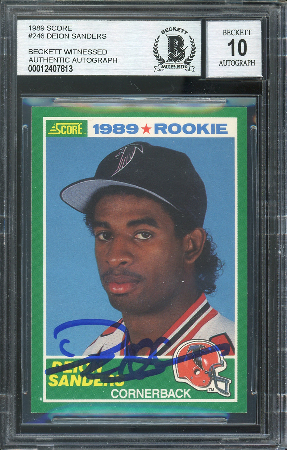 Falcons Deion Sanders Signed 1989 Score #246 RC Card Auto Graded 10! BAS Slabbed