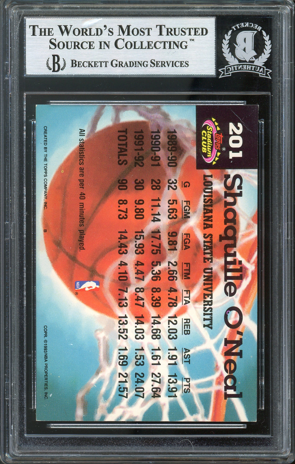 Magic Shaquille O'Neal Signed 1992 Stadium Club #201 Rookie Card BAS Slabbed