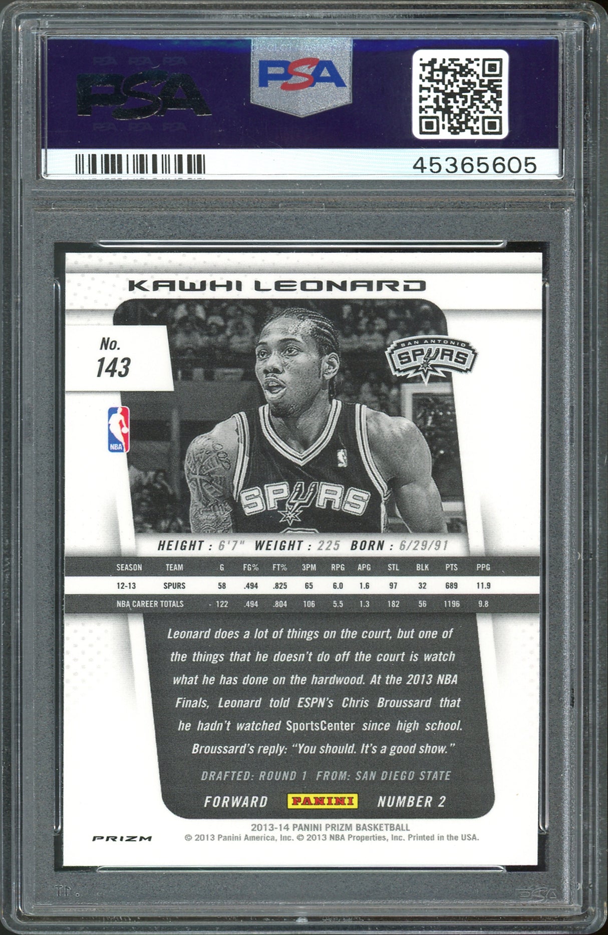 Spurs Kawhi Leonard 2013 Panini Prizm #143 Rookie Card Gem Mint 10! PSA Slabbed